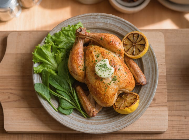 A whole roasted chicken on a stoneware plate, a round of herb butter melting over the crisp skin, with charred lemon halves and market greens alongside.