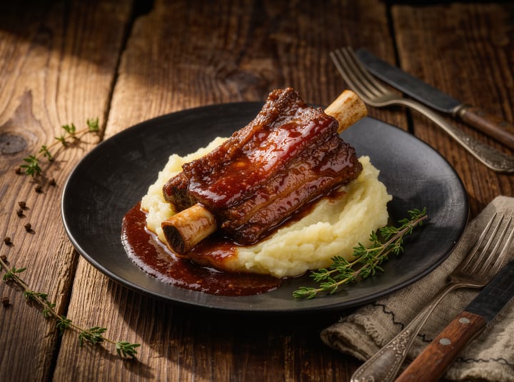 A bone-in braised short rib glossy with red wine jus, resting on root vegetable mash with sprigs of thyme, on a dark plate.
