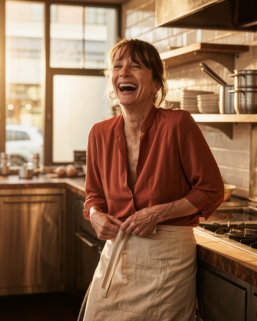 Rosa Delgado laughing in the kitchen at The Corner Table, in a rust-colored blouse and a cream apron, with afternoon light through the window and stacked plates on the steel shelf behind her.