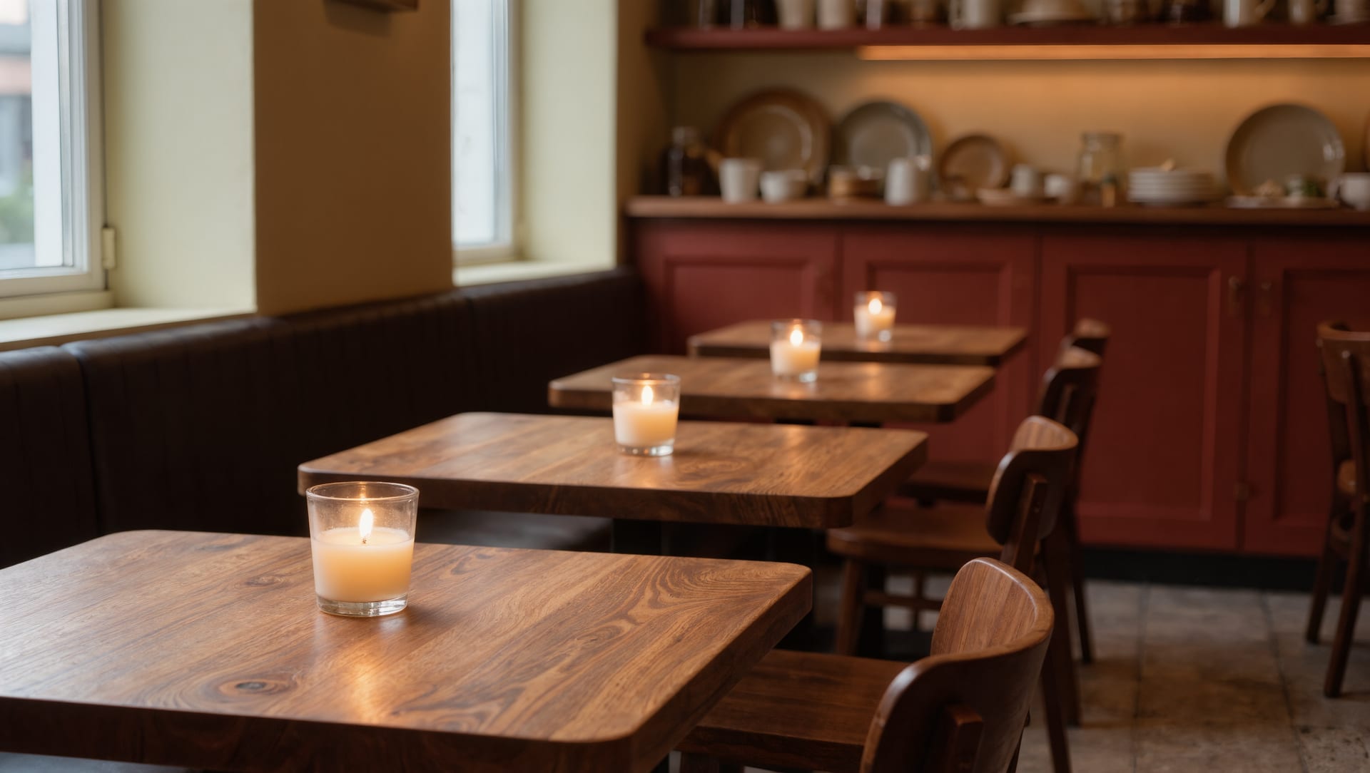 The dining room at The Corner Table: candles lit on bare wooden tables, a worn leather banquette along the wall, and stacked plates on a shelf above a deep red sideboard.
