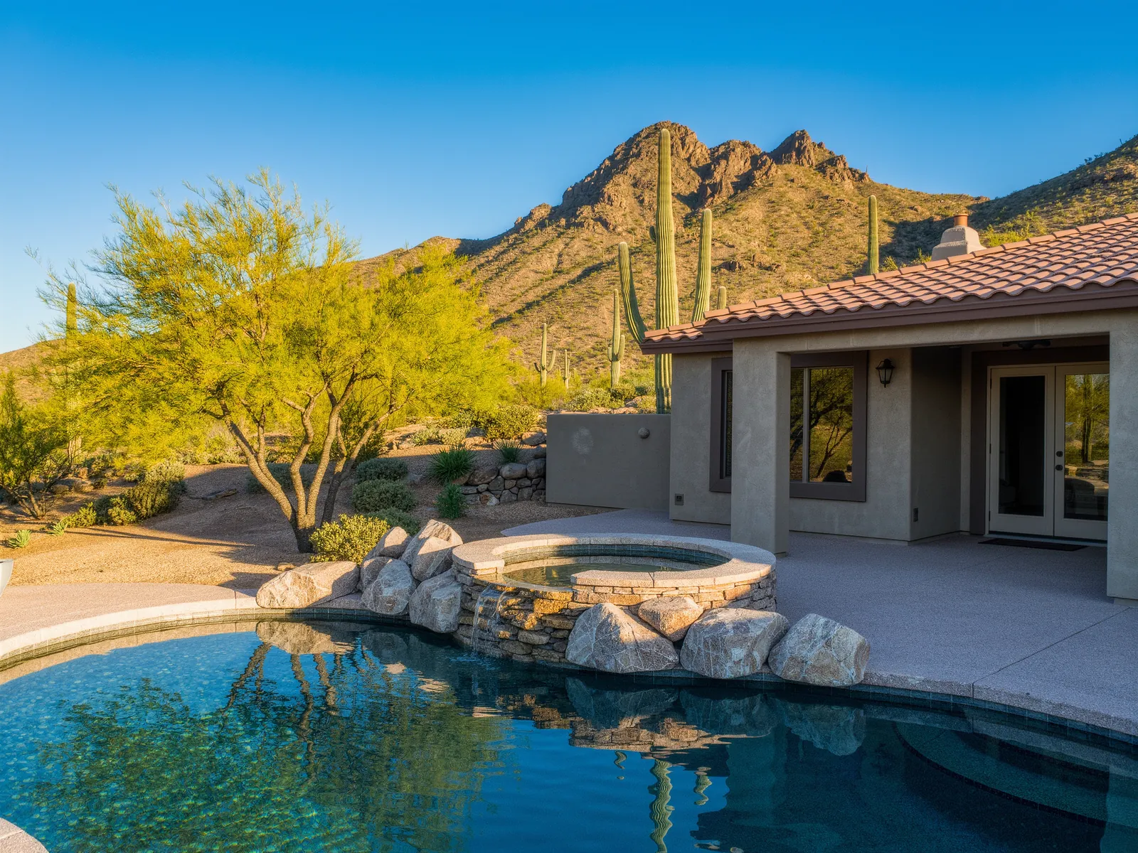 A pebble finish pool and raised spa behind a tile roof home, with desert mountain slopes rising behind the wall