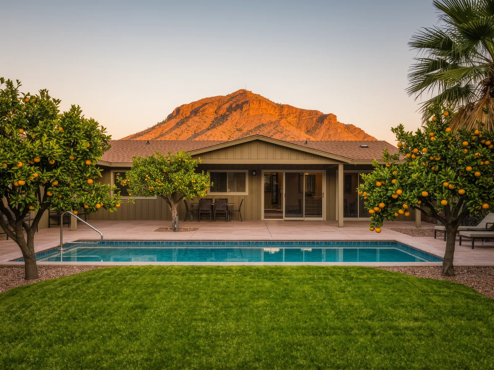A ranch home backyard in Arcadia with a lawn, citrus trees, a rectangular pool and a red rock mountain behind