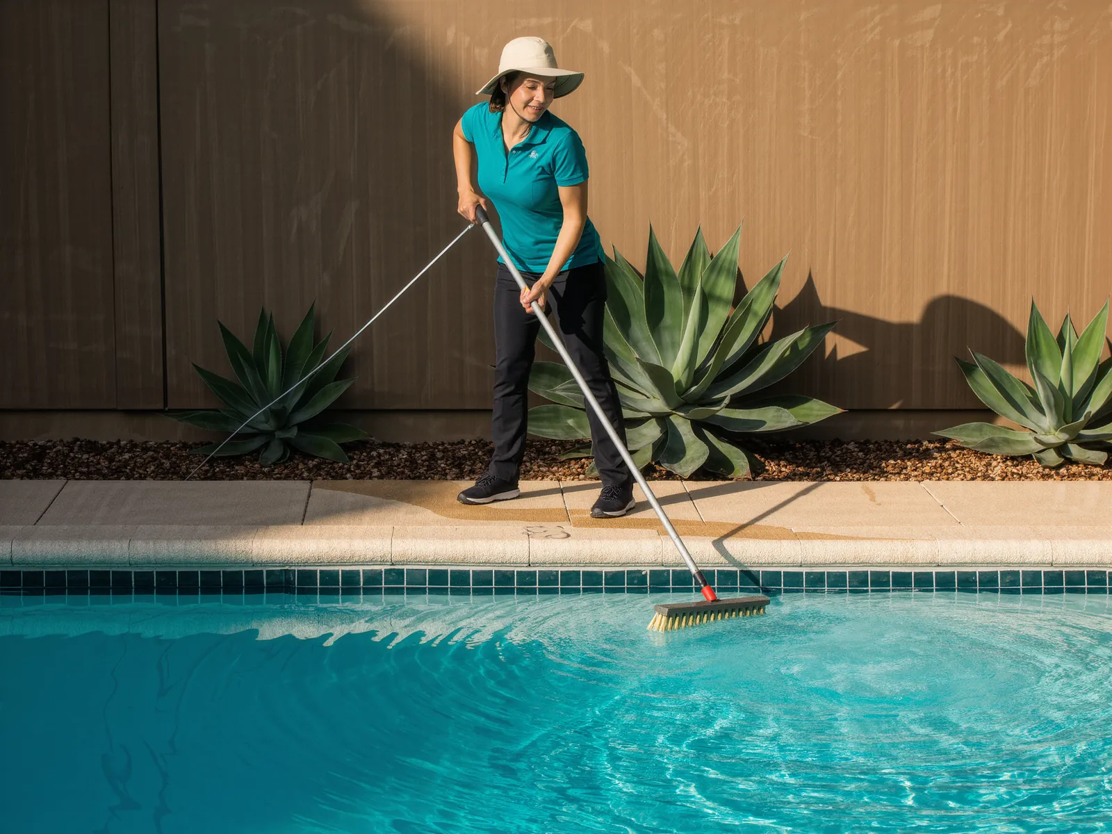 A technician brushing the tile line of a clear blue pool
