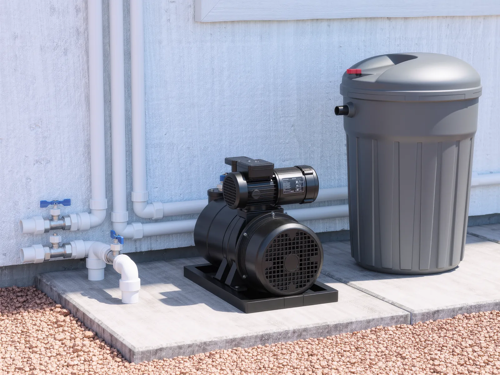 A tidy pool equipment pad with a variable speed pump, a cartridge filter and white plumbing against a stucco wall