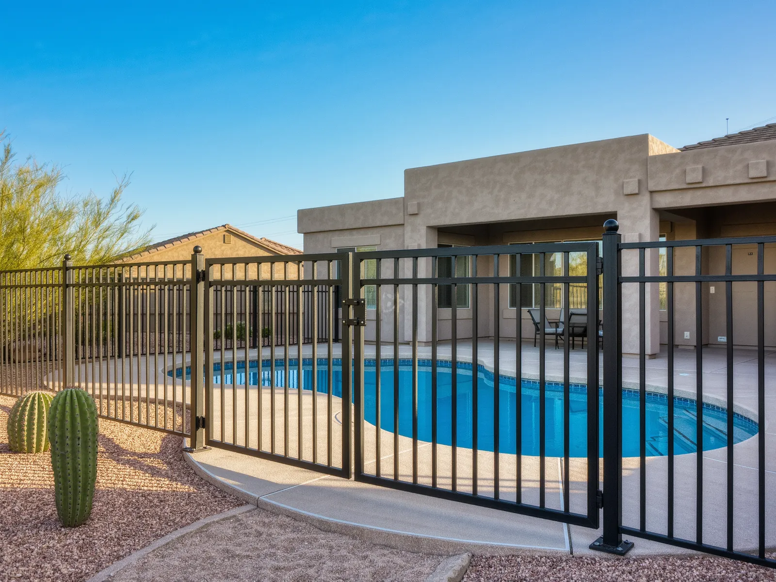 A black wrought iron pool fence with a closed self latching gate around a backyard pool