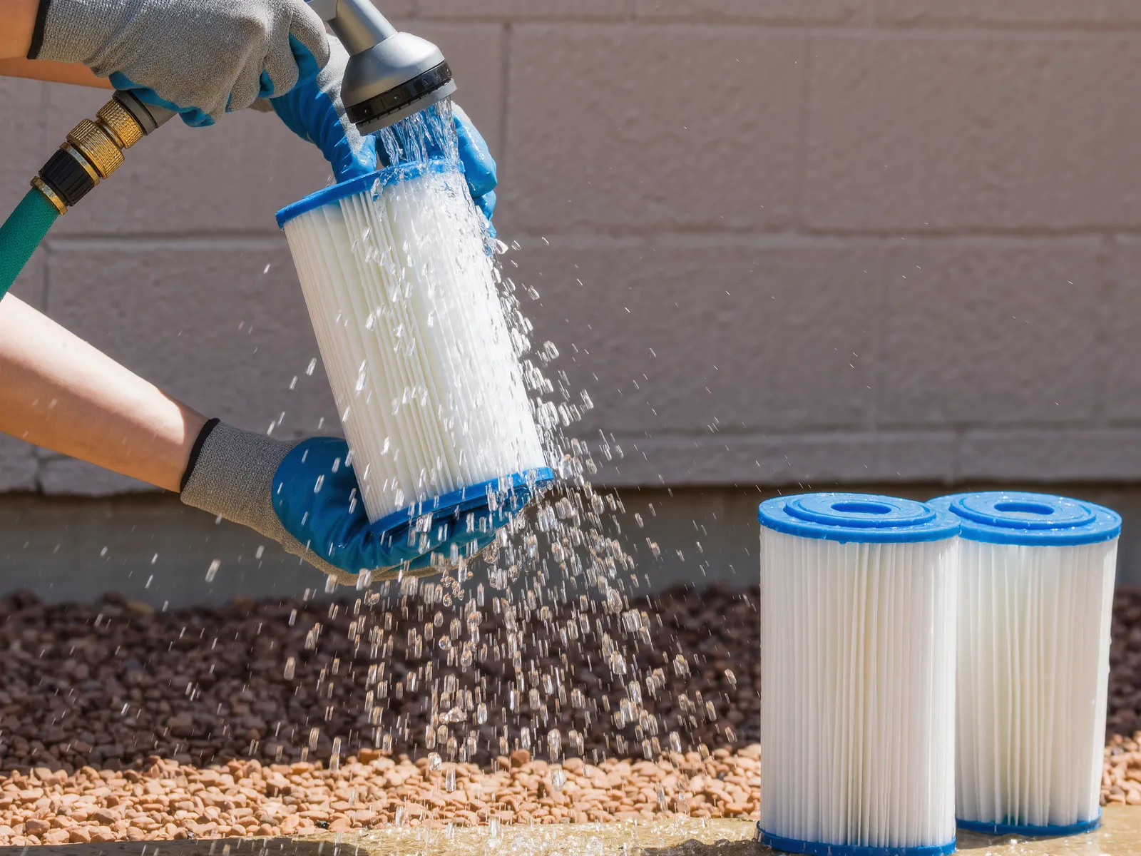 Gloved hands rinsing a pleated pool filter cartridge with a hose on a gravel yard