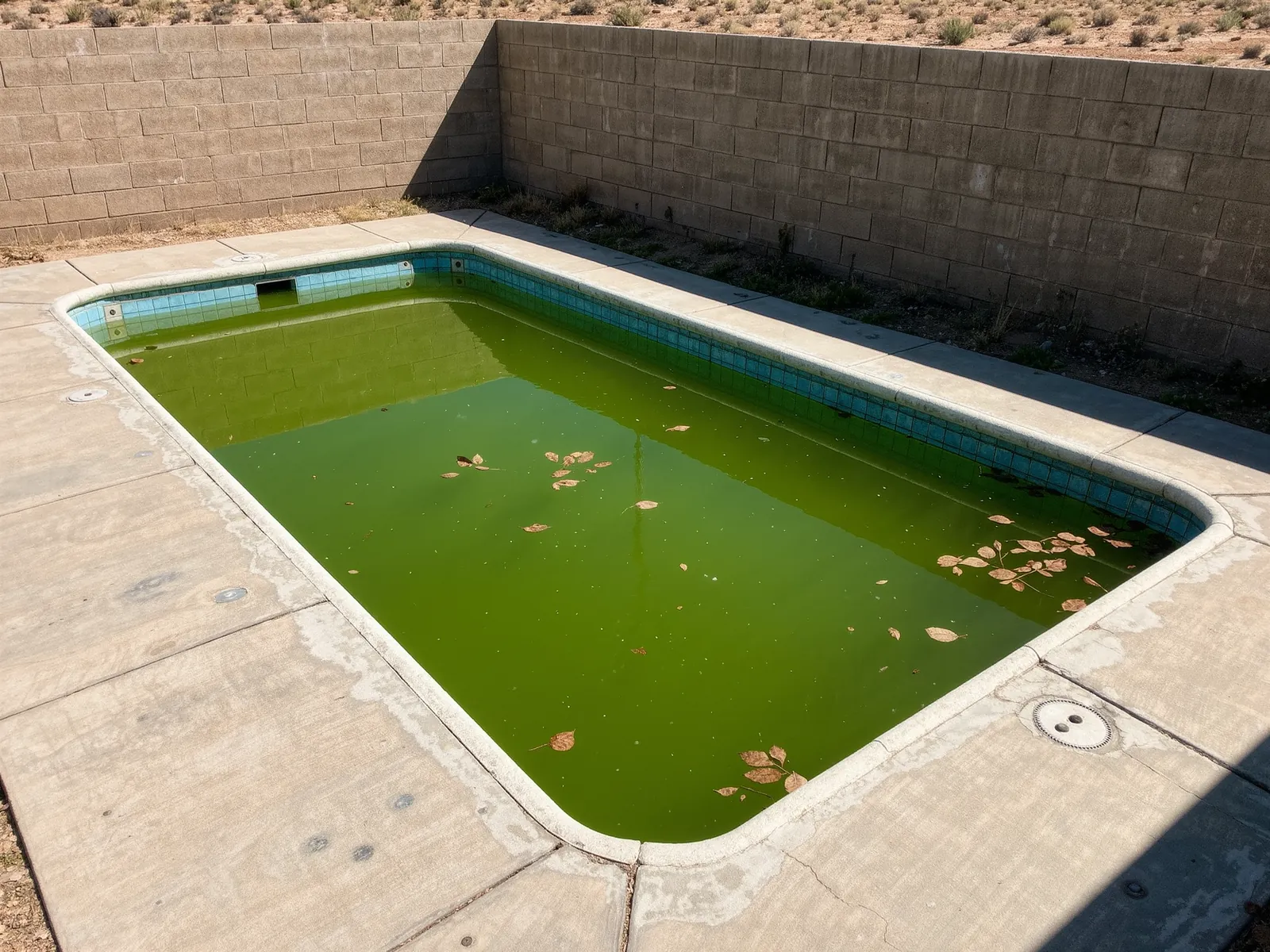 A neglected backyard pool with opaque green water and dry leaves floating on the surface