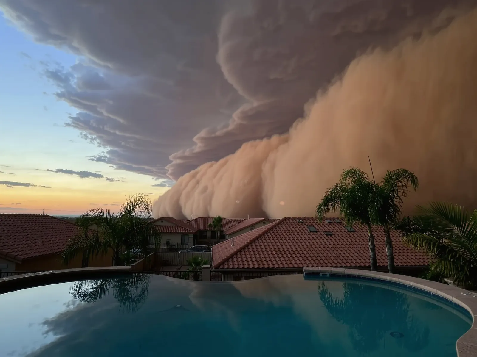A towering wall of dust rolling toward a Phoenix neighborhood at dusk, with a calm backyard pool in the foreground