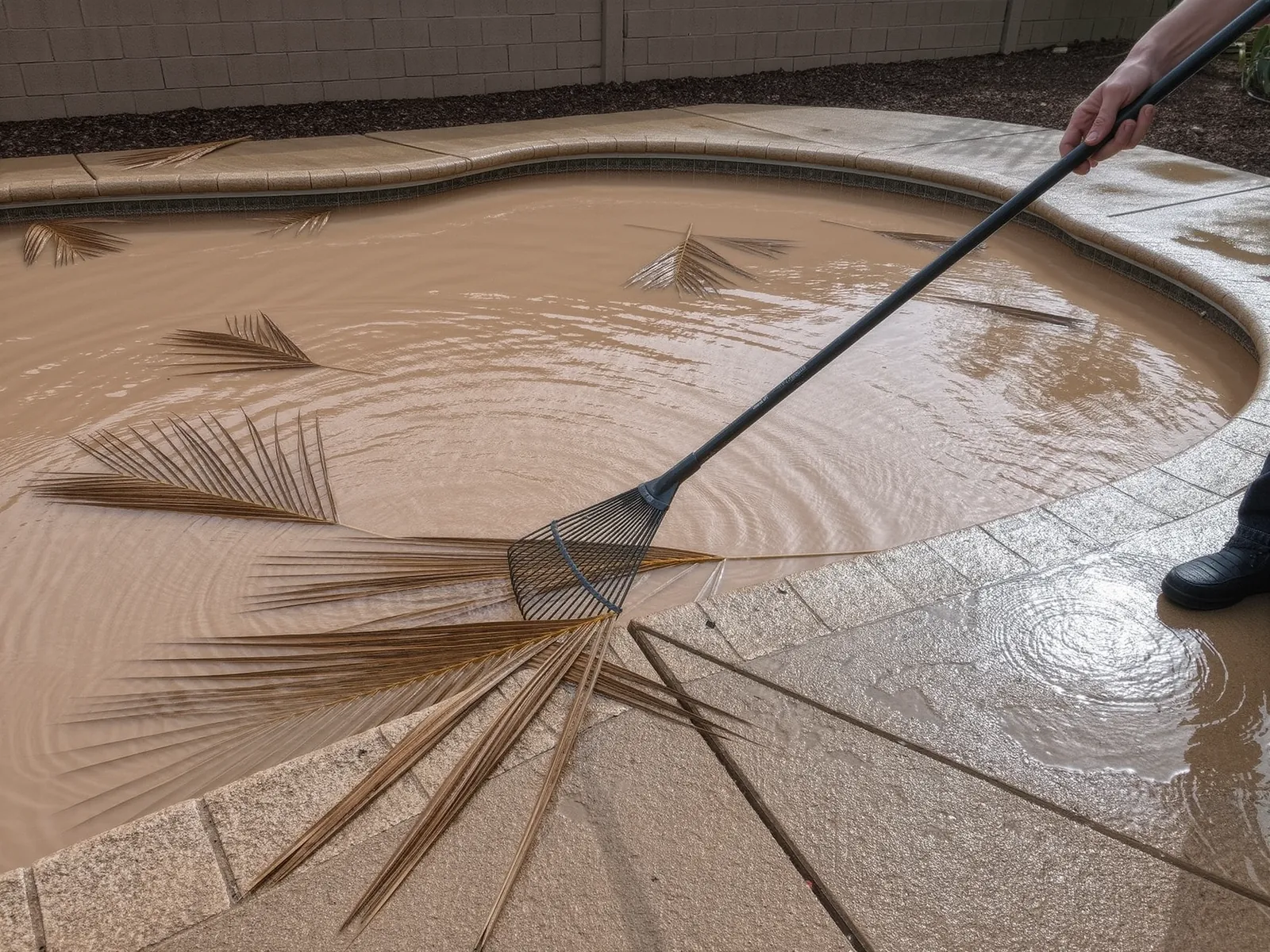 A leaf rake on a long pole skimming palm fronds and dust from a pool the morning after a storm