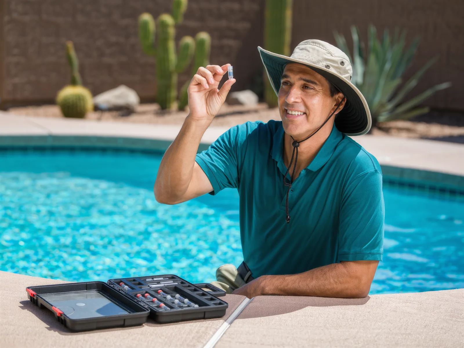 A Saltbrush technician in a sun hat holding a water test vial up to the light beside an open test kit