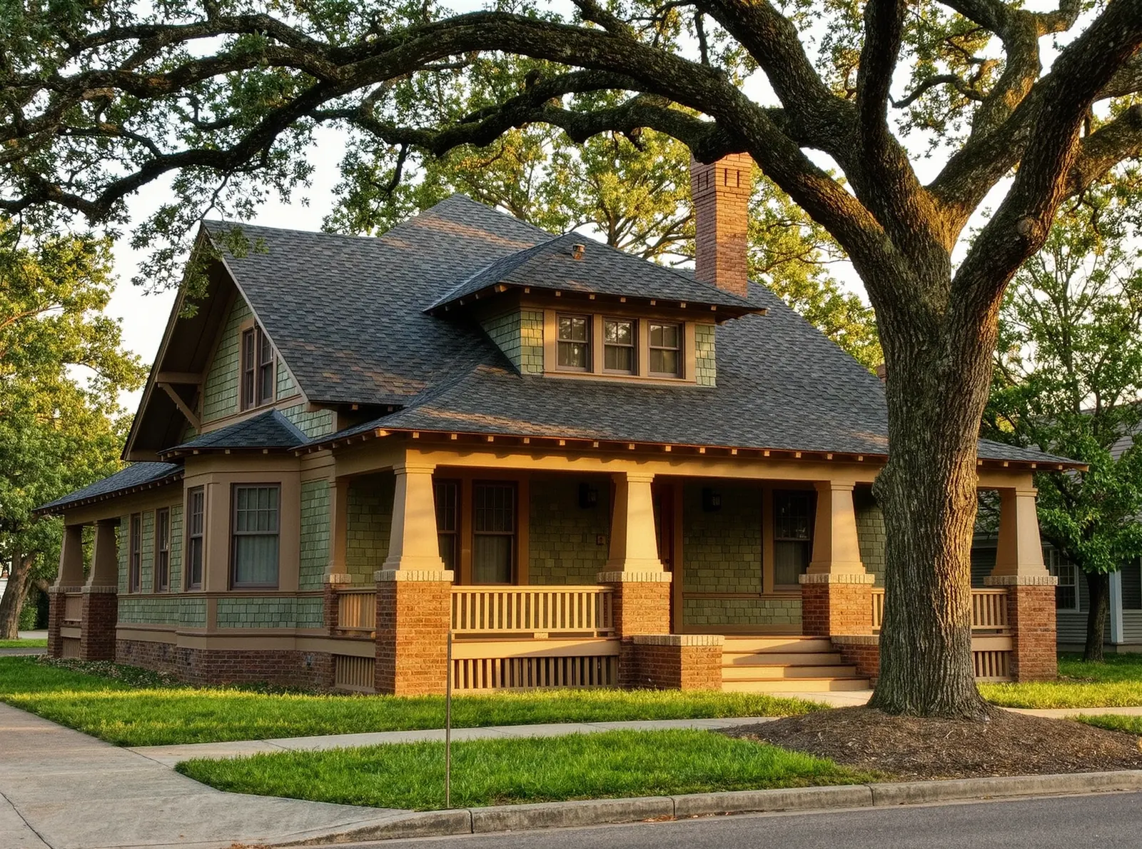 A restored craftsman bungalow in Fort Worth with a wide front porch, brick piers and a new dark shingle roof under a live oak