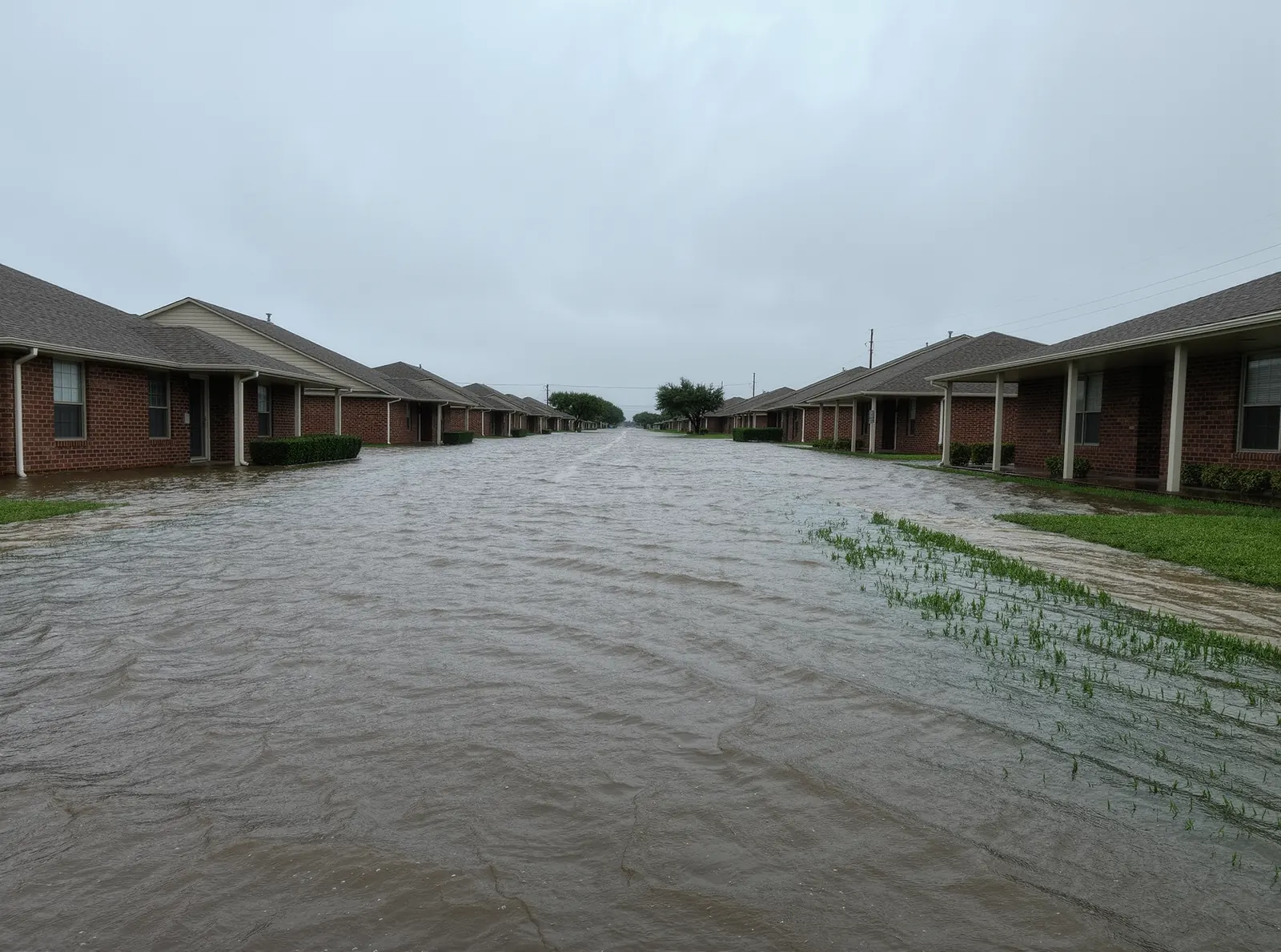 A residential street in Texas under brown flood water after heavy rain, with the water reaching the front lawns of brick houses