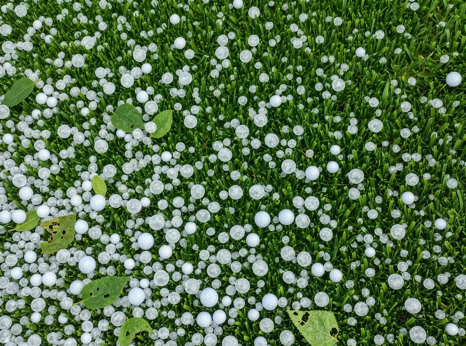 White hailstones of mixed sizes covering a green lawn after a storm, with torn leaves among them