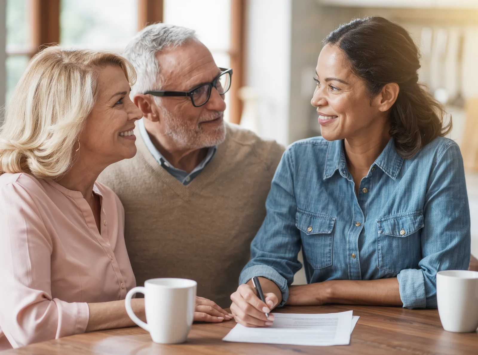 An insurance agent in a denim shirt at a kitchen table with a homeowner couple, going over a printed page with a pen