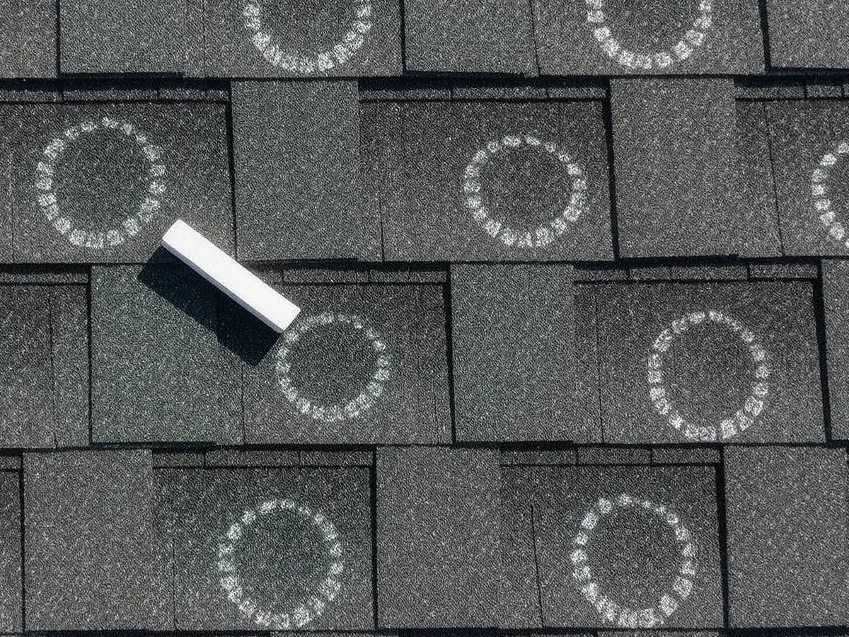 Dark asphalt shingles seen from above, with hail bruises circled in white chalk and a stick of chalk resting on the roof