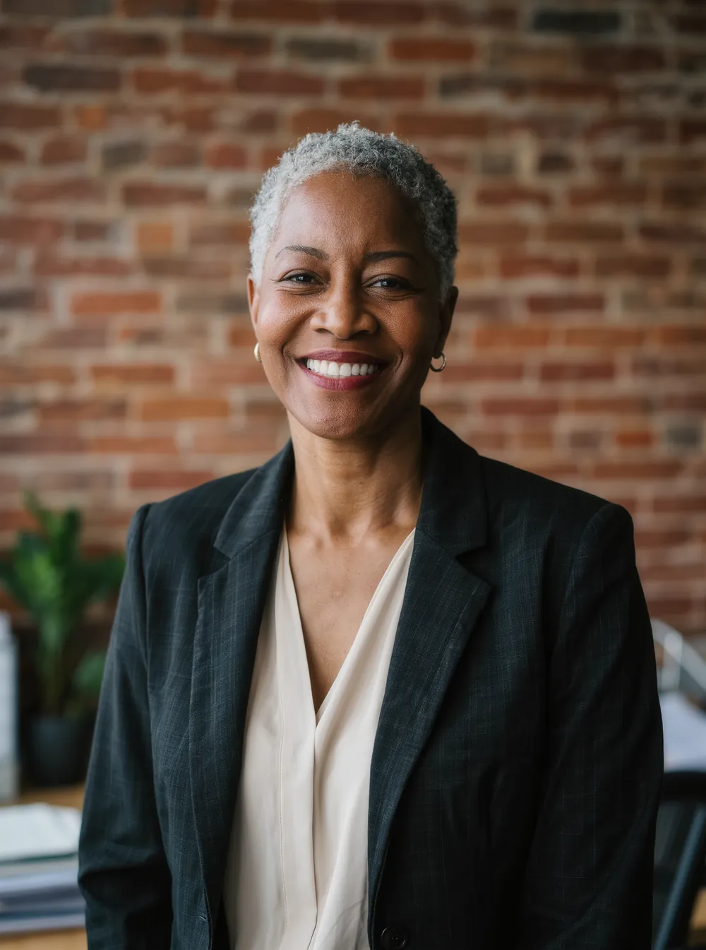 Odessa Varnum, CPA, founder of Tallybrook, in front of a brick wall in the office