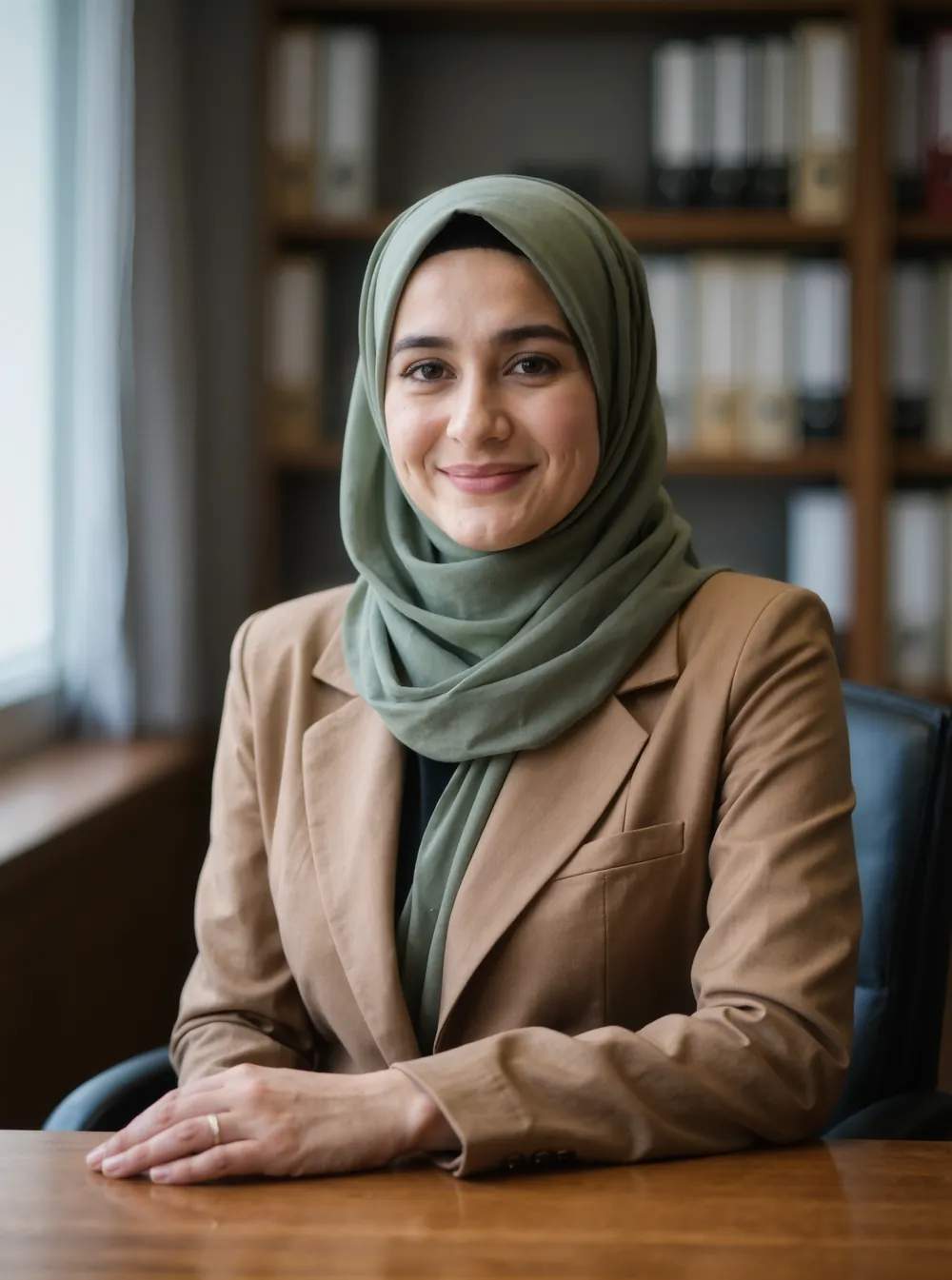 Yusra Pennington, CPA, at her desk with shelves of binders behind her