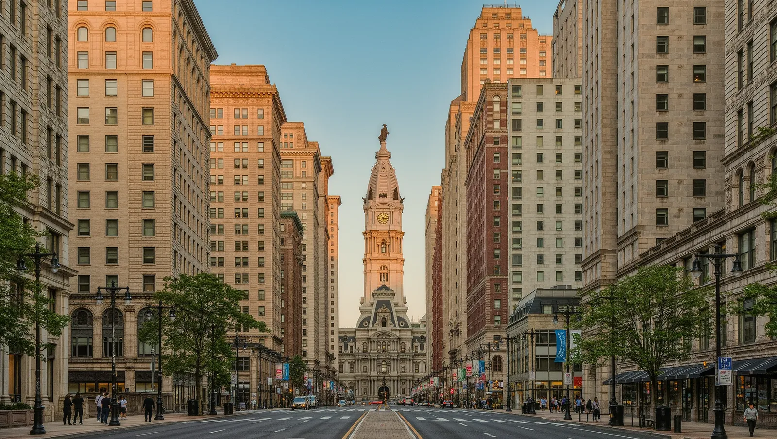 A wide downtown Philadelphia avenue lined with stone office buildings, with the City Hall clock tower at the end