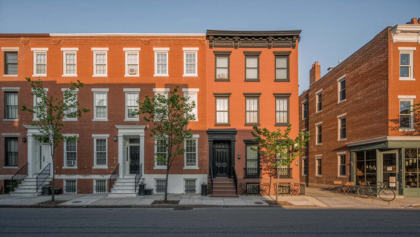 A street of red brick rowhouses with marble steps and a corner storefront with cafe tables