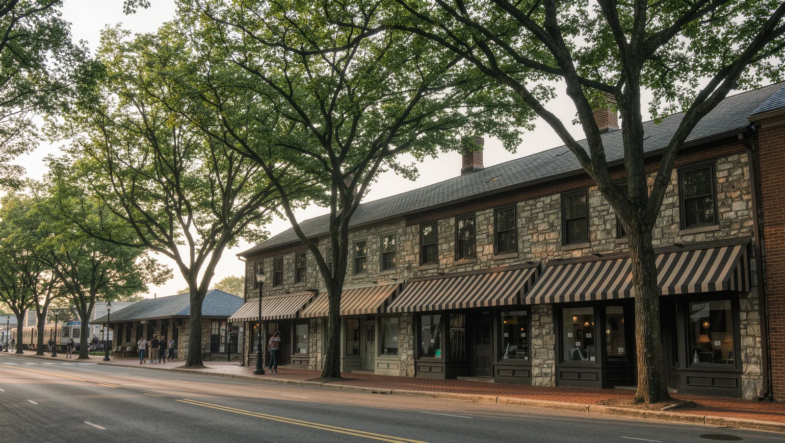 A tree lined suburban main street with gray stone shopfronts and striped awnings