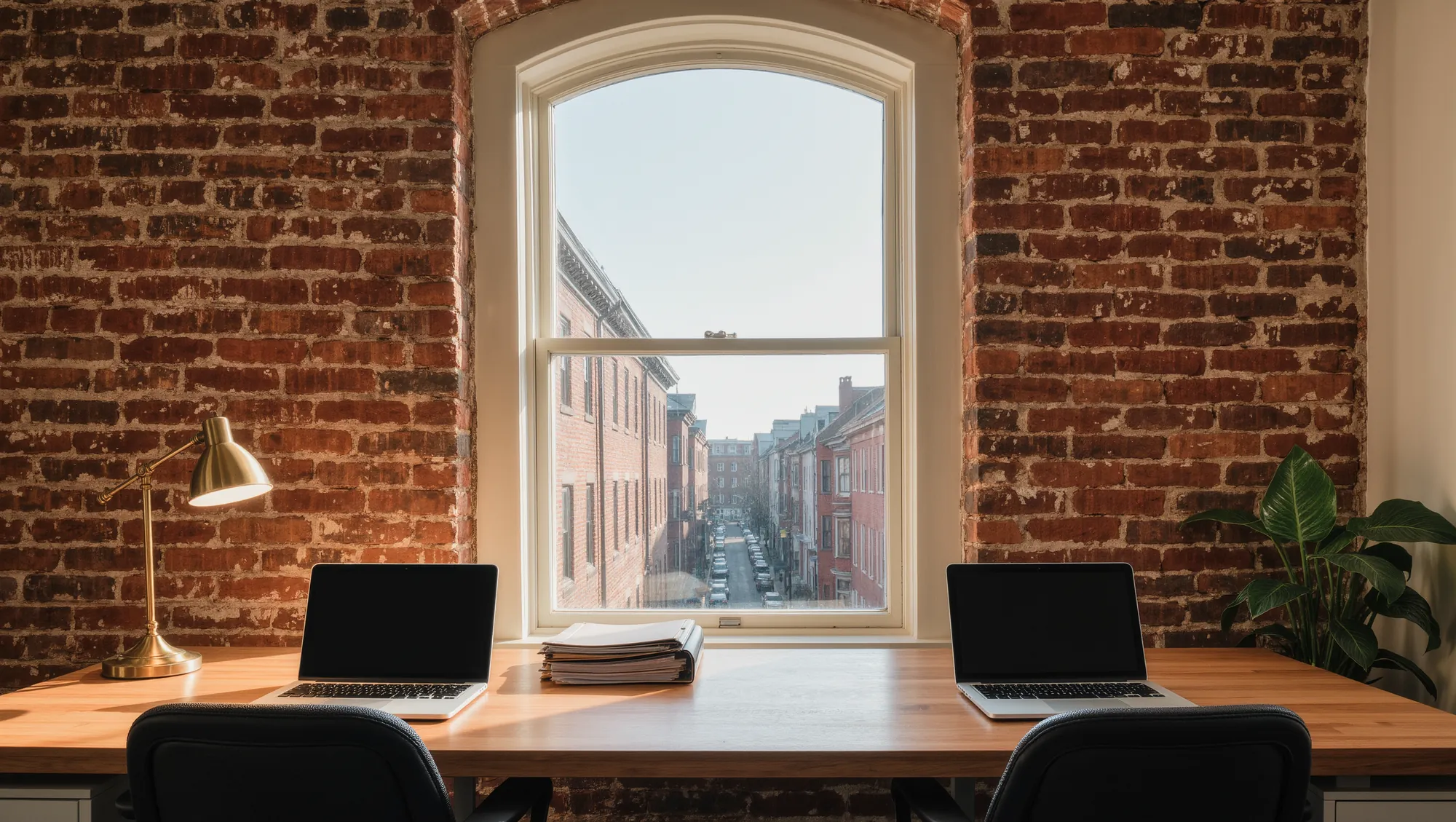 A brick walled accounting office with an arched window, a long oak table, two laptops and a brass lamp