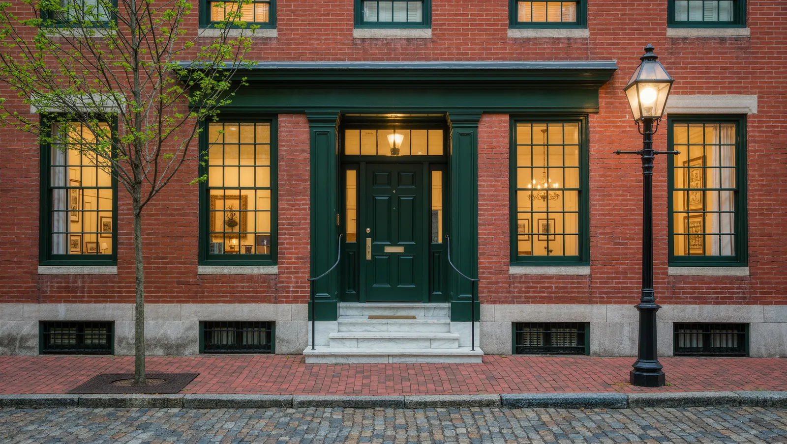 A red brick rowhouse office on a cobblestone street, with a dark green door, marble steps and lit windows