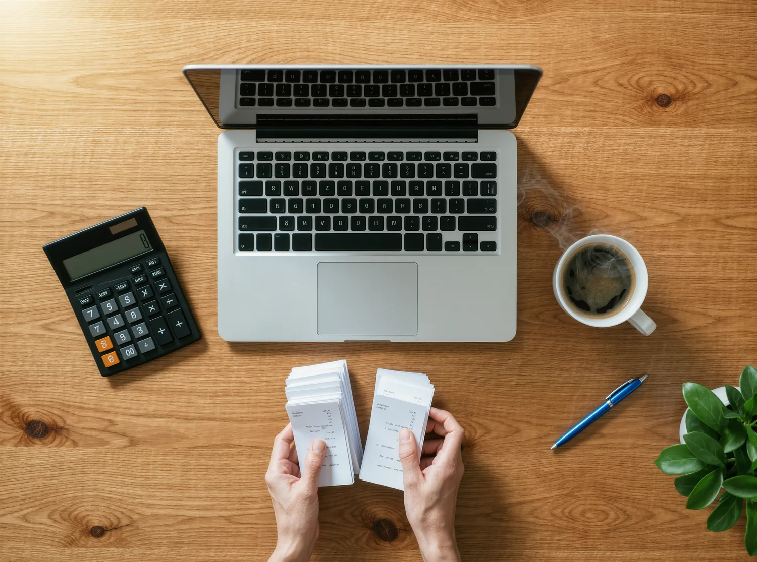 Hands sorting receipts into piles on an oak desk beside a laptop, a calculator and a cup of coffee