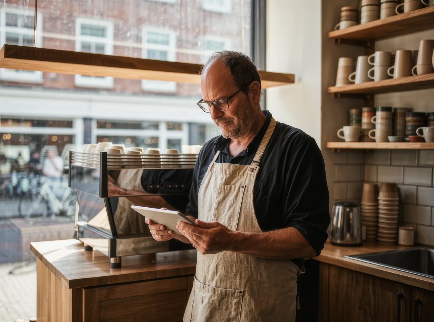 A coffee shop owner in a canvas apron checking figures on a tablet behind the counter