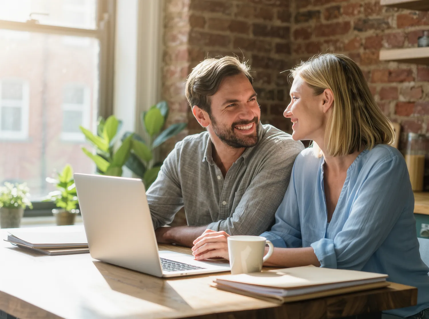 A couple at a kitchen table with a laptop and a few neat folders, smiling at each other