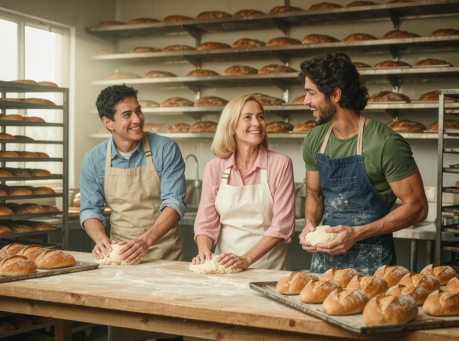 Three bakery employees in aprons shaping dough together and laughing in a small bakery kitchen