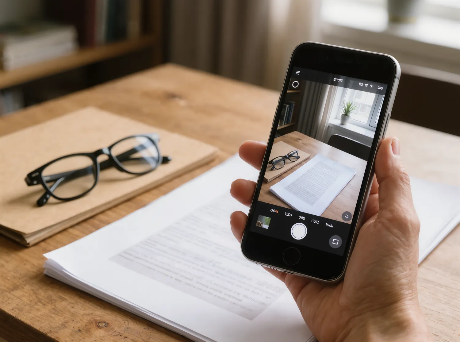 A hand holding a phone above a paper document on a desk, photographing the page
