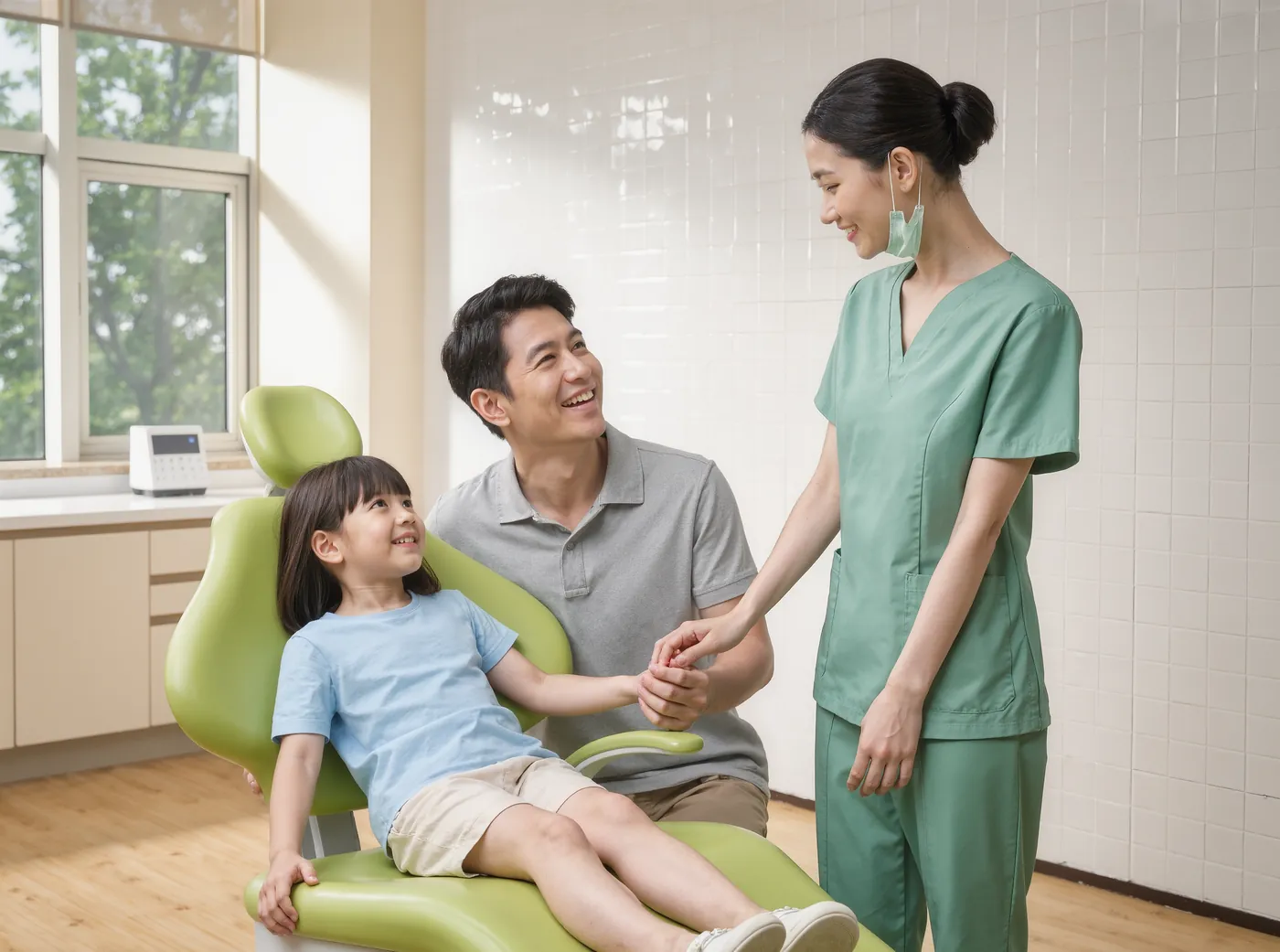 A young girl laughing in a dental chair while her father holds her hand and the dentist smiles