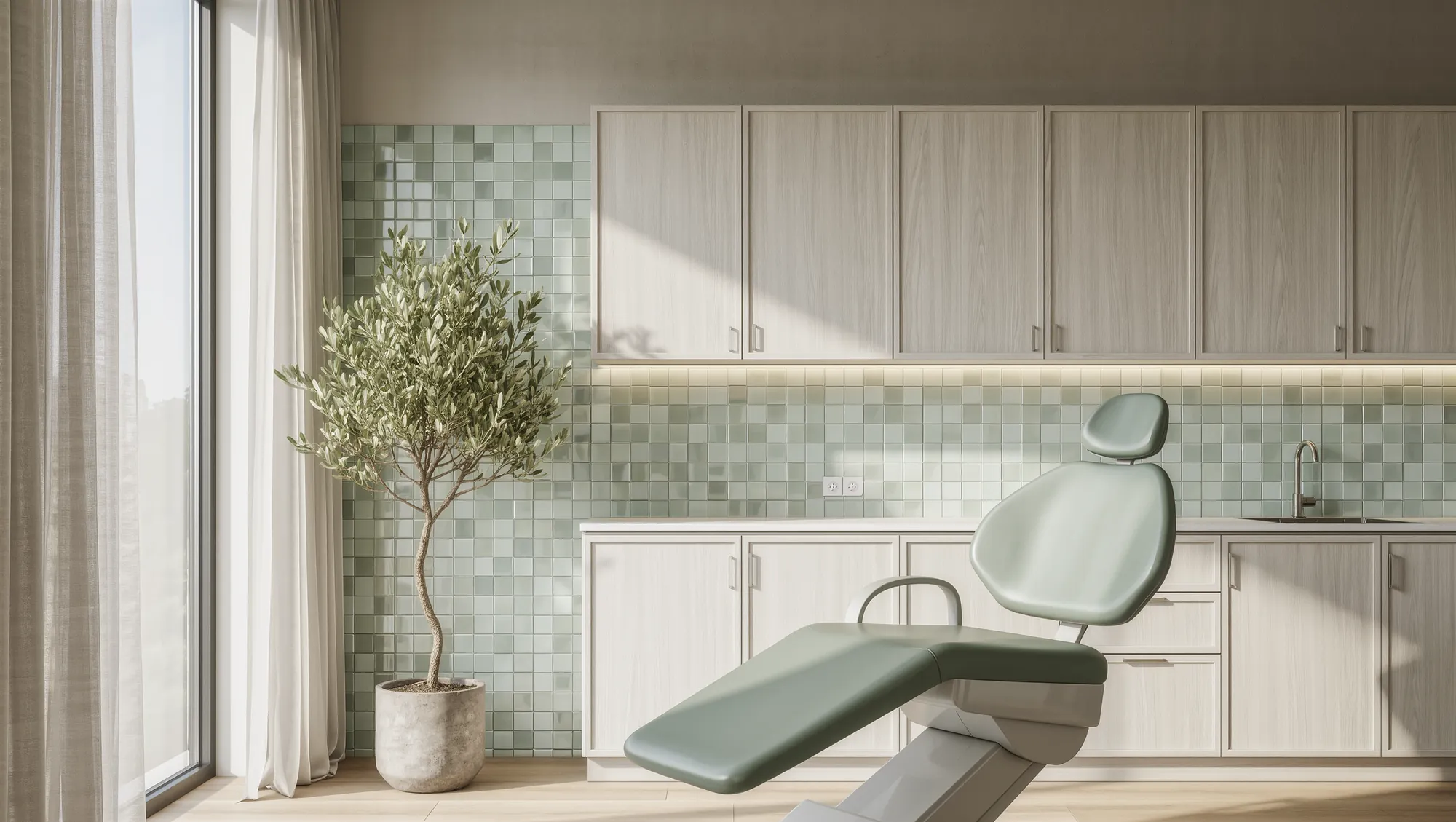A bright treatment room with a sage dental chair, white oak cabinets and a wall of soft green tile