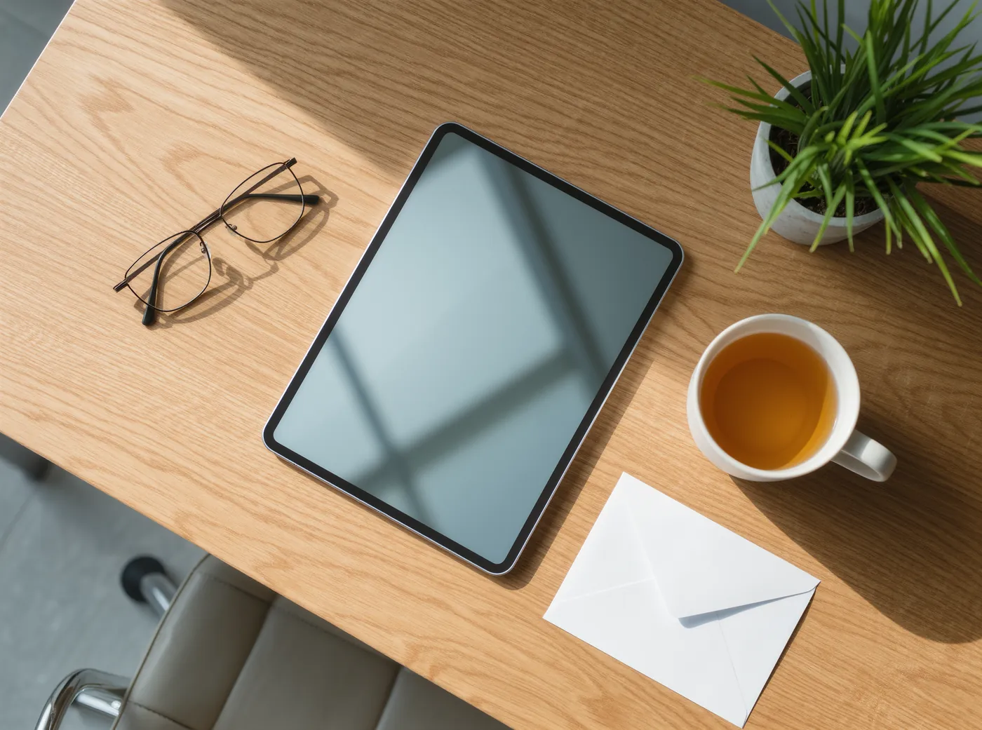 A tablet, reading glasses and a cup of tea on an oak desk in soft morning light