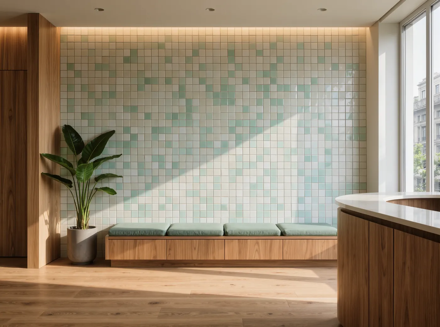The Tessel waiting room with an oak bench, green tile wall and plants