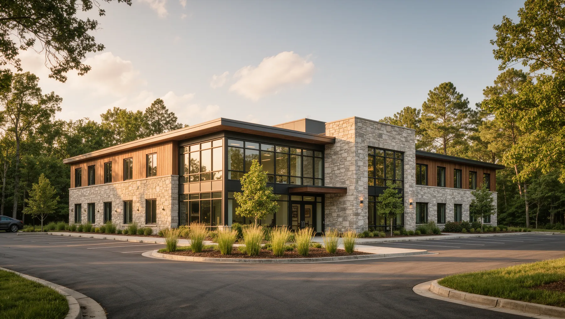 The Tessel Ballantyne office, a stone and wood building among trees