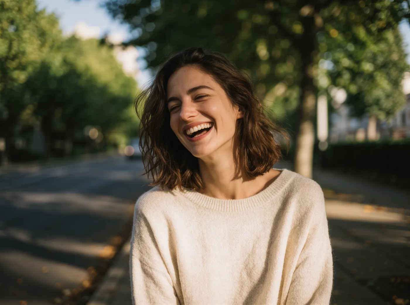 A woman laughing on a leafy sidewalk with a natural bright smile