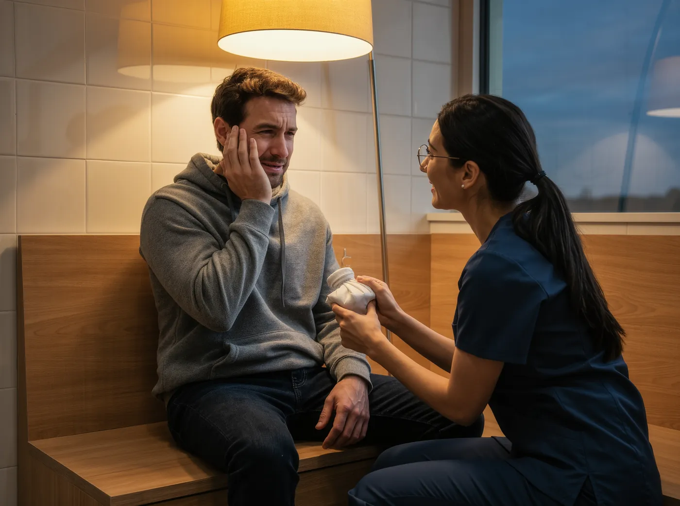 A dental assistant handing a cold pack to a young man holding his cheek