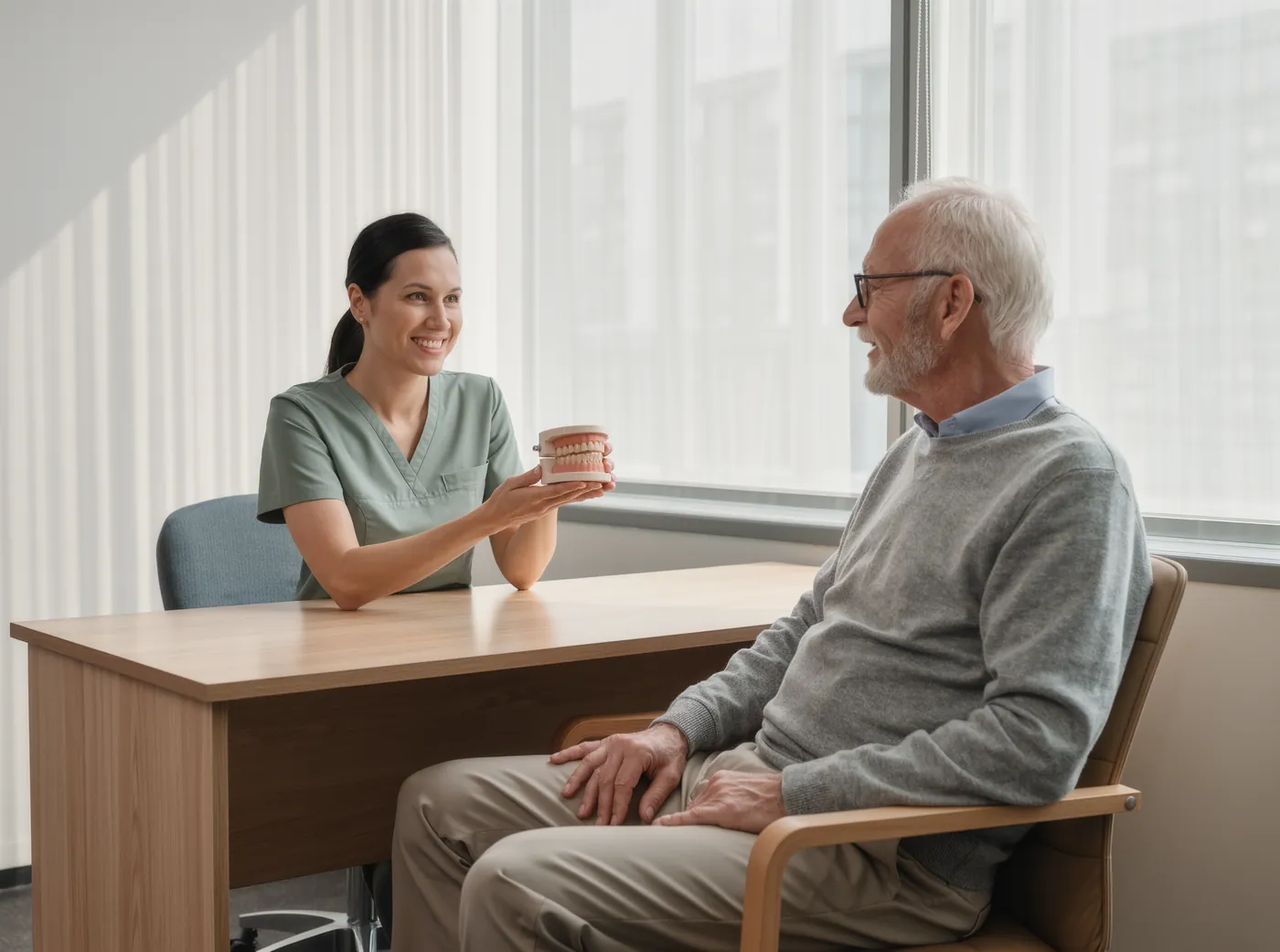 A dentist explaining a dental implant model to an older patient